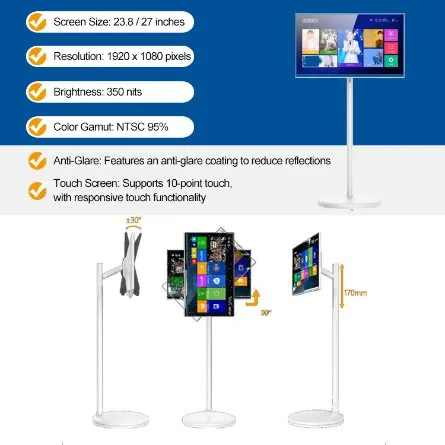 Yatalboard TV Smart 21.5 Inch Touch Screen TV Stand Mobile Display Large Electronic Tablet with Portable Android TV with Camera 